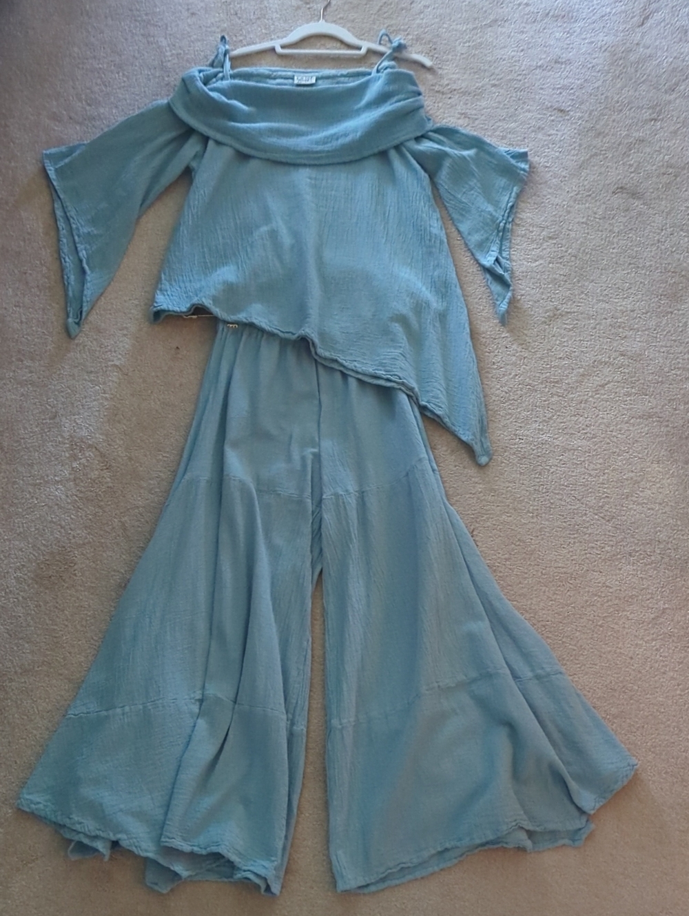 Oh My Gauze! Light Blue Off-Shoulder Flowing Wide-Leg 2 Piece Outfit